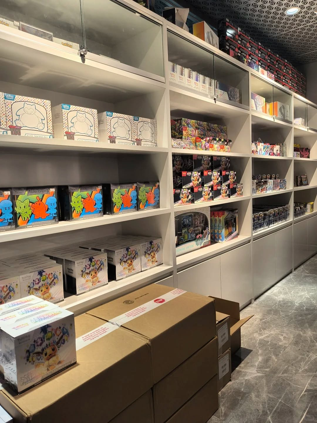 Cartes Alliance sealed Pokémon TCG inventory on warehouse shelving
